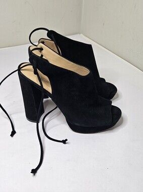 Pour La Victoire black suede platform heels, open toe, back lace-up Heel 7